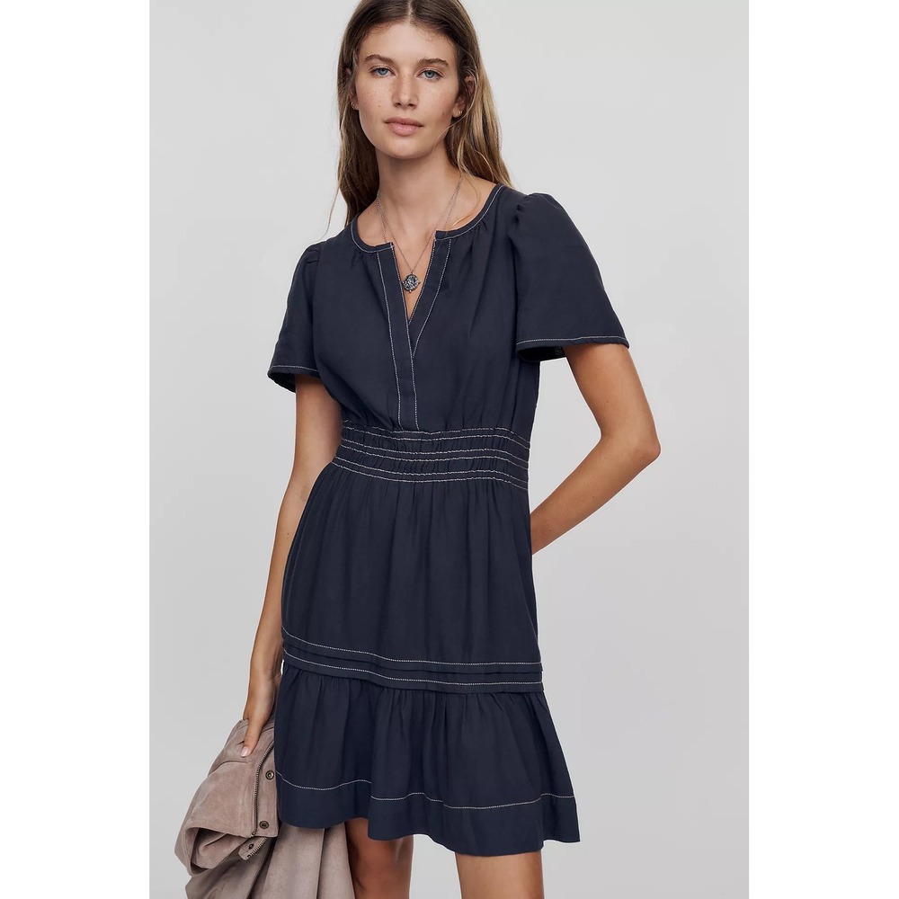 Anthropologie Somerset Mini Dress Navy Contrast Stitch Elastic Waist Cotton M